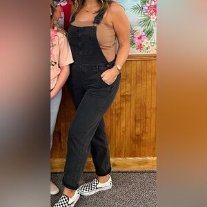 Faded-wash black stretchy overalls EUC